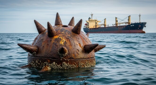 A rusty, barnaclecovered naval contact mine floating in the open ocean with a large cargo ship in the background