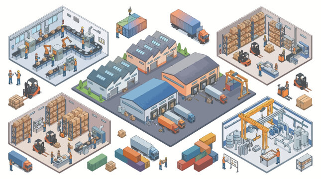 Isometric Labor Day Factory Illustrations Featuring Industrial Logistics Operations and Warehouse Workflow Activities Representing Modern Manufacturing and Production System Concept