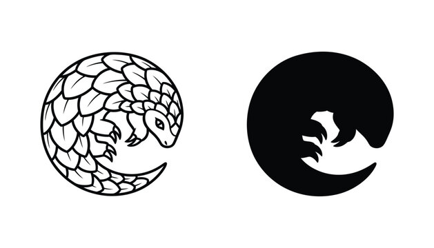 Minimalist pangolin icon set featuring stylized rolled animal shapes in both black outline and solid silhouette styles for wildlife conservation branding and nature graphic design projects