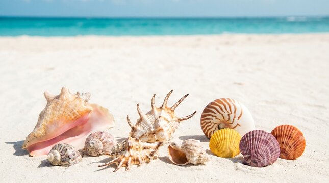 Collection de magnifiques coquillages sur le sable blanc d'une plage tropicale avec vue sur la mer turquoise. Concept de vacances d'&eacute;t&eacute; avec espace pour le texte.