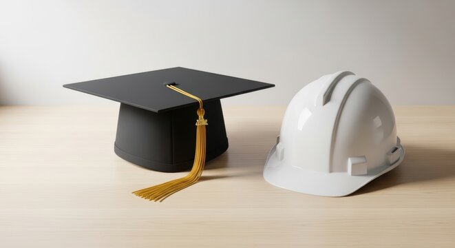Graduation cap and white hard hat on a wooden table, representing the intersection of education and construction industry