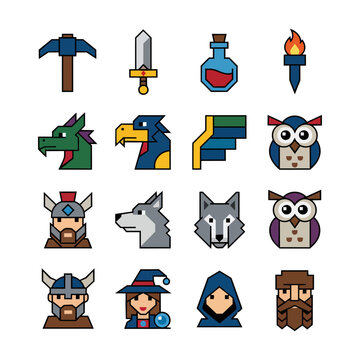 Collection of minimalist fantasy game icons including tools, creatures, and character portraits with a geometric design on white Fantasy gaming concept