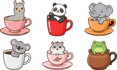 Obraz premium Cute animals peeking out of colorful teacups Vector