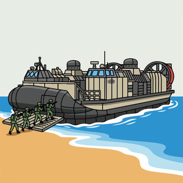 Military hovercraft landing on sandy beach with soldiers