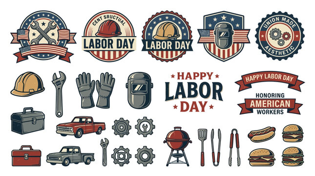 Retro Labor Day Worker Tools and Industrial Badge Collection Featuring American Factory Equipment and Patriotic Workshop Elements Celebrating Blue Collar Worker Pride and Industrial Heritage Concept