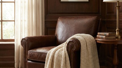 Fototapeta premium Rich brown leather armchair with textured throw blanket in a classic interior setting