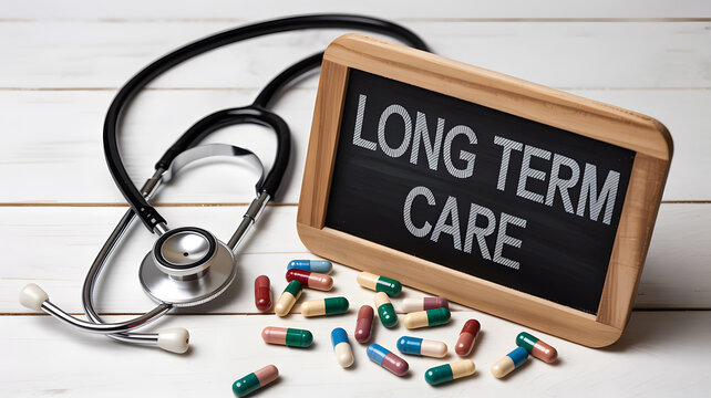A stethoscope and pills next to a chalkboard with long term care written on it