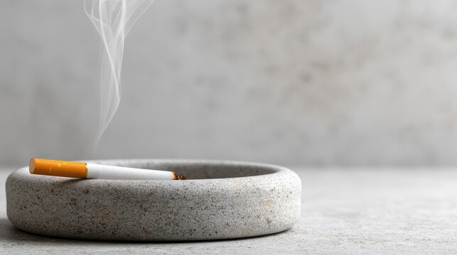 Lit cigarette with smoke rising, resting in a rough-textured ashtray