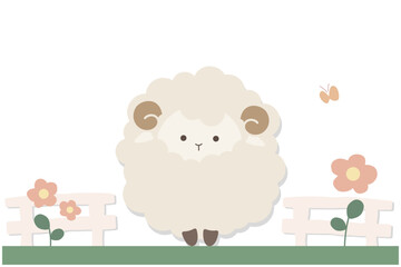 Obraz premium シンプルでかわいい羊と草花のイラスト素材