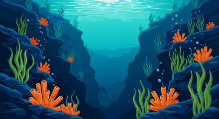 Vibrant underwater canyon illustration with abundant marine life, showcasing colorful coral formations and deep sea algae in a mysterious ocean trench environment © Beny Qurdy