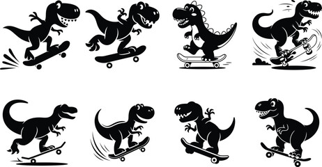 Fototapeta premium Dinosaurs skateboarding in dynamic poses with youth culture dinosaur skateboarding skateboard