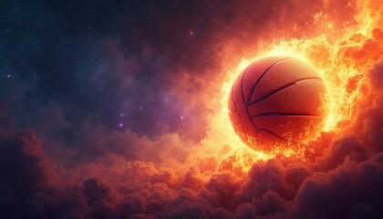 Fototapeta premium Basketball hovers in fiery cosmic clouds at dusk. Dramatic sky with stars and nebulae, fiery orange and red hues. Energetic background for sports theme.