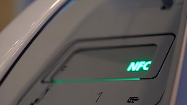 Close-up view of modern payment terminal showing NFC indicator light, sleek design with illuminated buttons and touch-sensitive interface in a retail environment