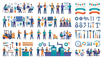 Fototapeta premium Modern Labor Day Worker Illustration Bundle Showing Professional Teamwork Activities and Productivity Scenes Representing Industrial Workforce Appreciation and Workplace Collaboration Concept