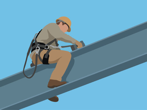 A construction worker safely works at high altitude, secured with harness and lifeline. Focused on high-altitude work safety. Clear, professional image.