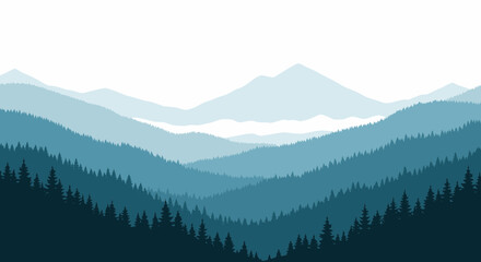 Misty Blue Mountain Range Silhouette with Evergreen Forest © Riris