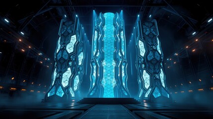 Fototapeta premium Futuristic interior, glowing blue structures dominate space. Dramatic lighting creates intense atmosphere, hinting advanced technology.