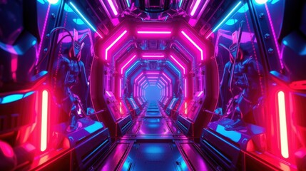 Fototapeta premium Futuristic corridor glows with vibrant neon lights. Metallic walls create symmetrical perspective, hinting at advanced technology. Dark background emphasizes luminosity.