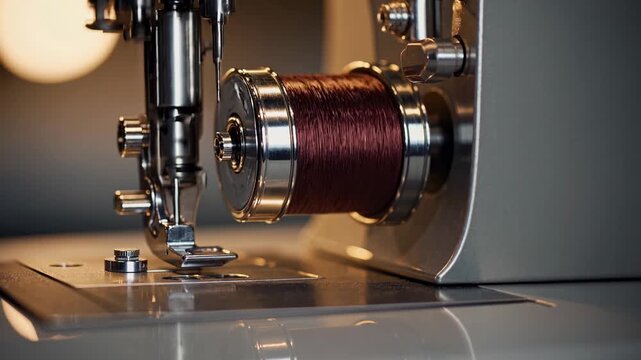 Close-up view of sewing machine needle and thread spool in motion, showcasing the intricate mechanics and design of the machine in a well-lit workspace