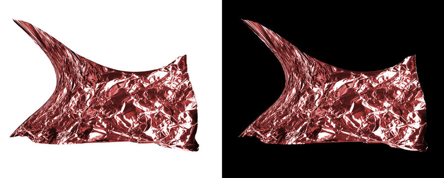 Rose gold copper foil fragment isolated on transparent and black backdrop.