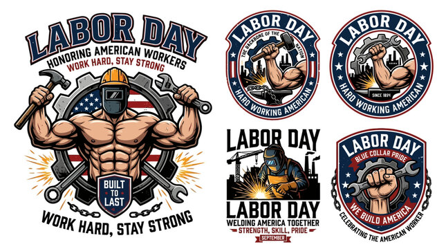 Bold Labor Day Industrial T Shirt Graphics Featuring Heavy Machinery and Working Class Action Scenes Promoting American Blue Collar Strength and Worker Pride Concept