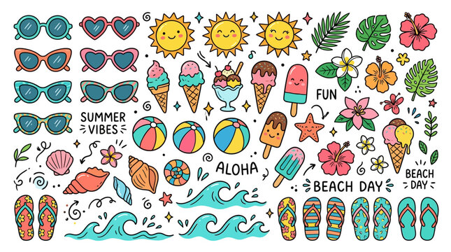 Cute summer doodles featuring sunglasses, ice cream, flip-flops, and beach balls, perfect for summer vacation designs