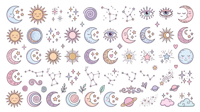 Cute doodle celestial elements including sun, moon, stars, and constellations in pastel colors
