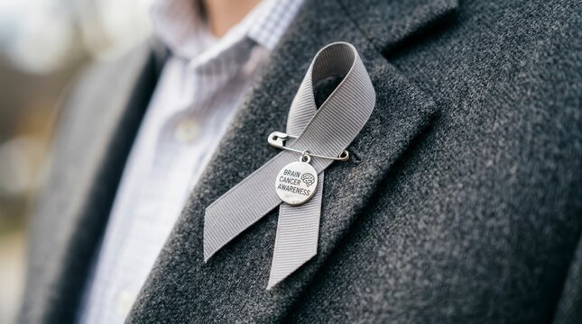 Close-up of a grey awareness ribbon pinned to a mans suit jacket lapel, symbolizing support and remembrance.