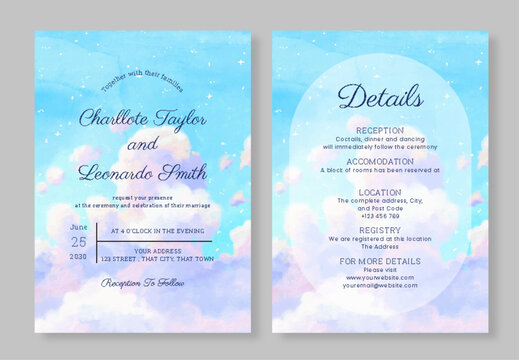 Dreamy Watercolor Wedding Invitation and Details Card Template with Ethereal Sky Clouds and Stars Design