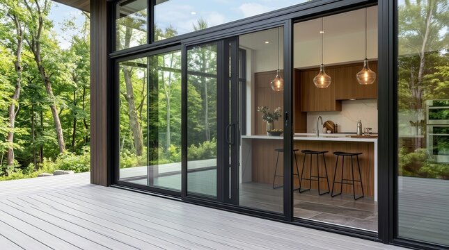 Modern sliding mosquito net door frame with mesh screen on patio