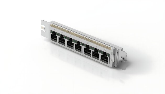 Ethernet network patch panel module with six rj45 ports isolated on white background