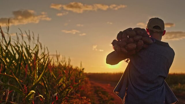 Rear view of farmer carrying heavy sack of organic potatoes on shoulder during golden sunset in agricultural field.