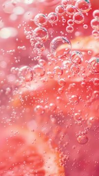 Macro view of bubbles in pink grapefruit showcasing texture and color under soft light