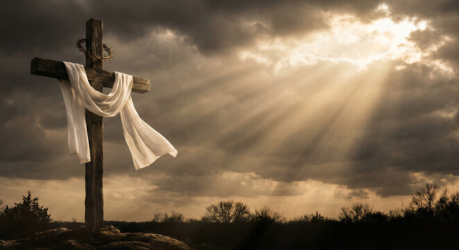 Christian cross with white cloth and crown of thorns under dramatic sky with sunbeams