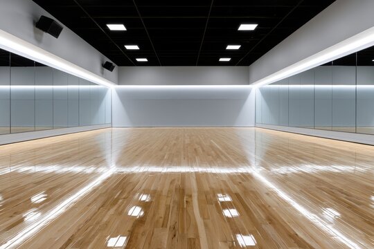 Spacious, well-lit dance studio with polished wooden floor and mirrored walls