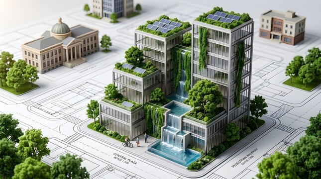 Sustainable urban architecture with green buildings, rooftop gardens, and solar panels in a modern cityscape