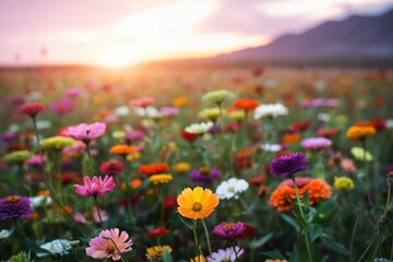 Obraz premium A vibrant field of multicolored flowers blooming under a soft sunrise with mountains fading in the background.