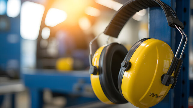 A pair of yellow ear protectors hanging on a blue metal beam in a factory