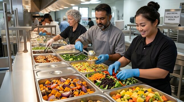 Food service workers preparing and serving a variety of healthy meals in a commercial kitchen setting with fresh vegetables and fruits