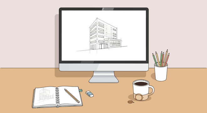 Architectural design on computer screen with drawing tools and coffee