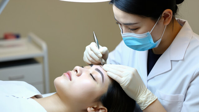 Eyebrow Microblading: A skilled esthetician focuses intently on their client, using specialized tools to enhance the eyebrows in a cosmetic procedure.