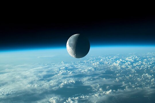 An astronomical space background featuring the Moon&rsquo;s surface and fantastical planets