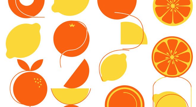 Vibrant Citrus Fruits Pattern: Oranges and Lemons, Abstract Geometric Design