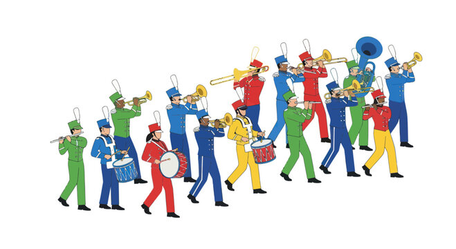 Colorful marching band playing music, parade performers in uniform, brass instruments, drums, white background