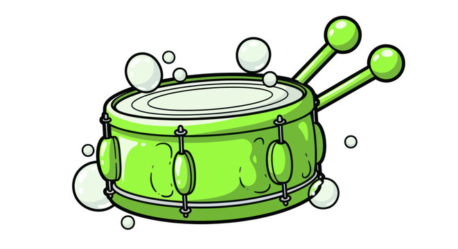 Green Snare Drum with Drumsticks and Bubbles, Music Concept