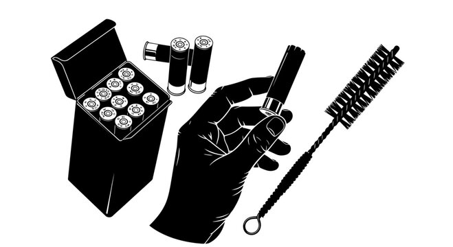 Hand holding shotgun shell with cleaning brush and ammo box illustration