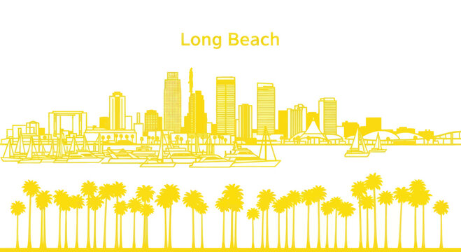 Long Beach Skyline Silhouette with Palm Trees and Yachts
