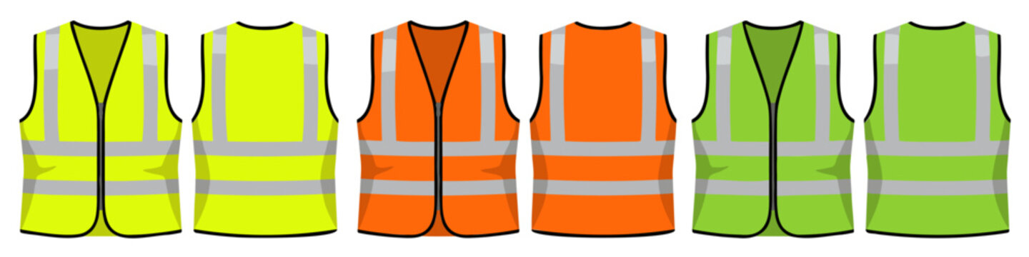 Safety vest with reflective stripes. Set of high visibility waistcoats: yellow, orange and green colors. Vector mockup worker uniform on transparent background.