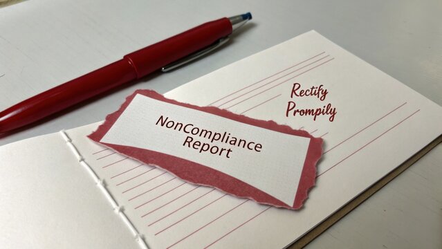 NonCompliance Report with Red Pen Rectification Message on an Open Notebook Page for Effective Business Communication and Documentation