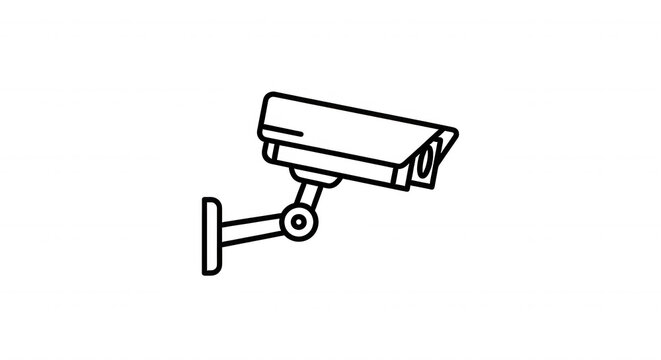 White outline silhouette of a security surveillance camera mounted on a wall, isolated on a solid black background